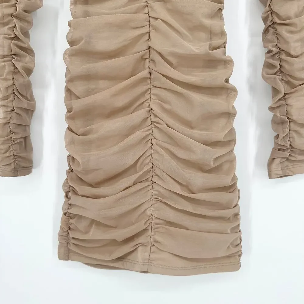 Michael Costello x REVOLVE Franky Mini Dress Mesh Ruched Long Sleeve, Taupe - Picture 8 of 14